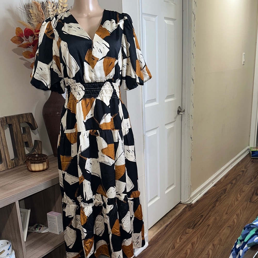 THML Black and Brown Abstract Maxi Dress